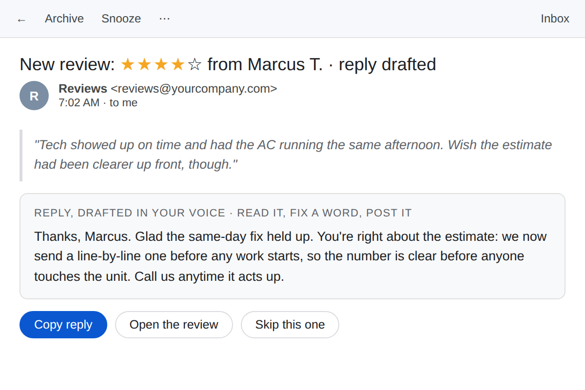 An email in an inbox: a new four-star review of an HVAC company with a reply already drafted below it and a Copy reply button